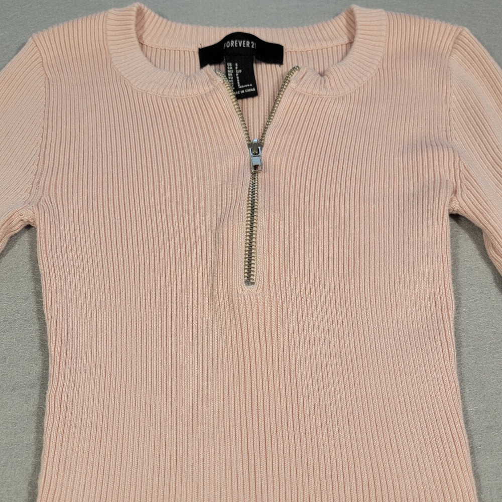 Forever 21 Bodycon Dress Midi Pink Ribbed Knit Long Sleeve Half Zip Y2K Vibes‎